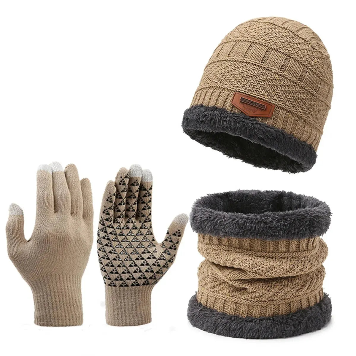 DAVI Men's windproof hat, outdoor winter scarf, gloves, three-piece neckline, one plus cashmere insulated knit hat