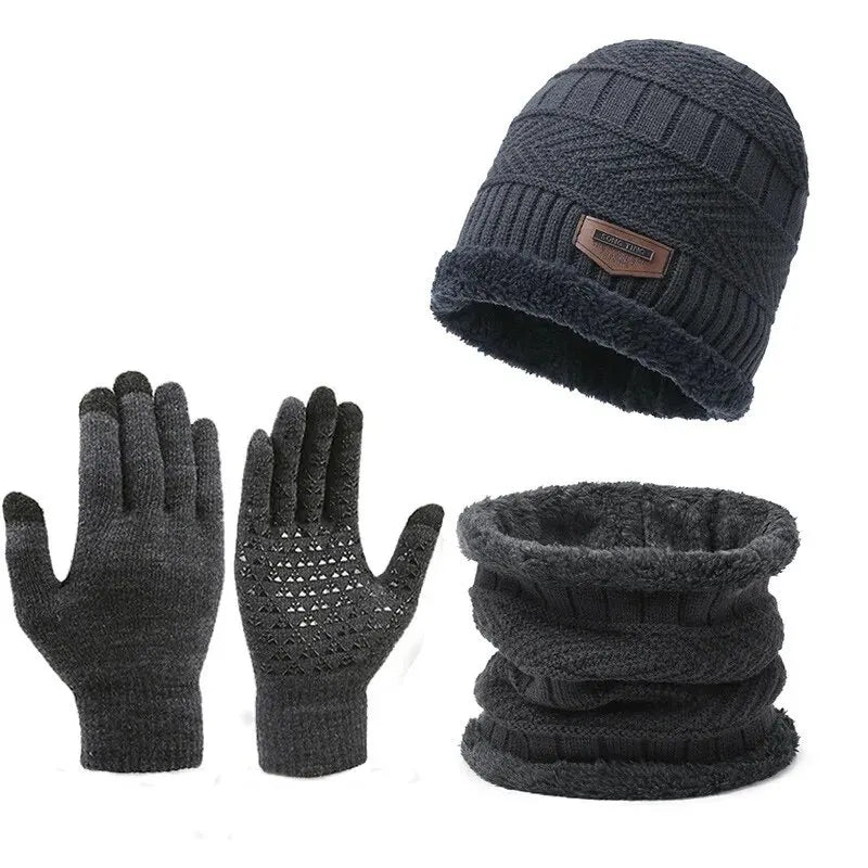 DAVI Men's windproof hat, outdoor winter scarf, gloves, three-piece neckline, one plus cashmere insulated knit hat