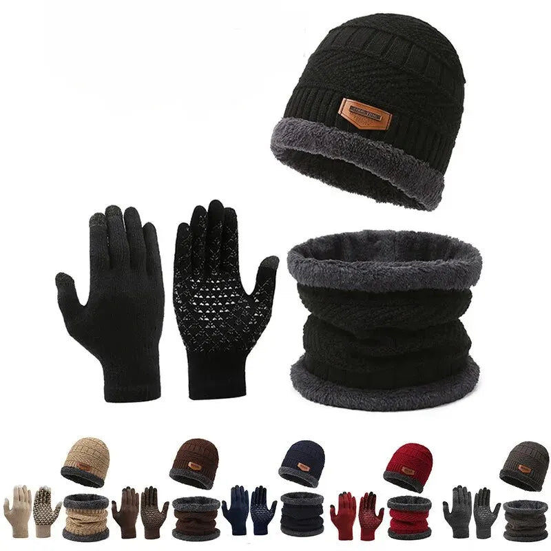 DAVI Men's windproof hat, outdoor winter scarf, gloves, three-piece neckline, one plus cashmere insulated knit hat