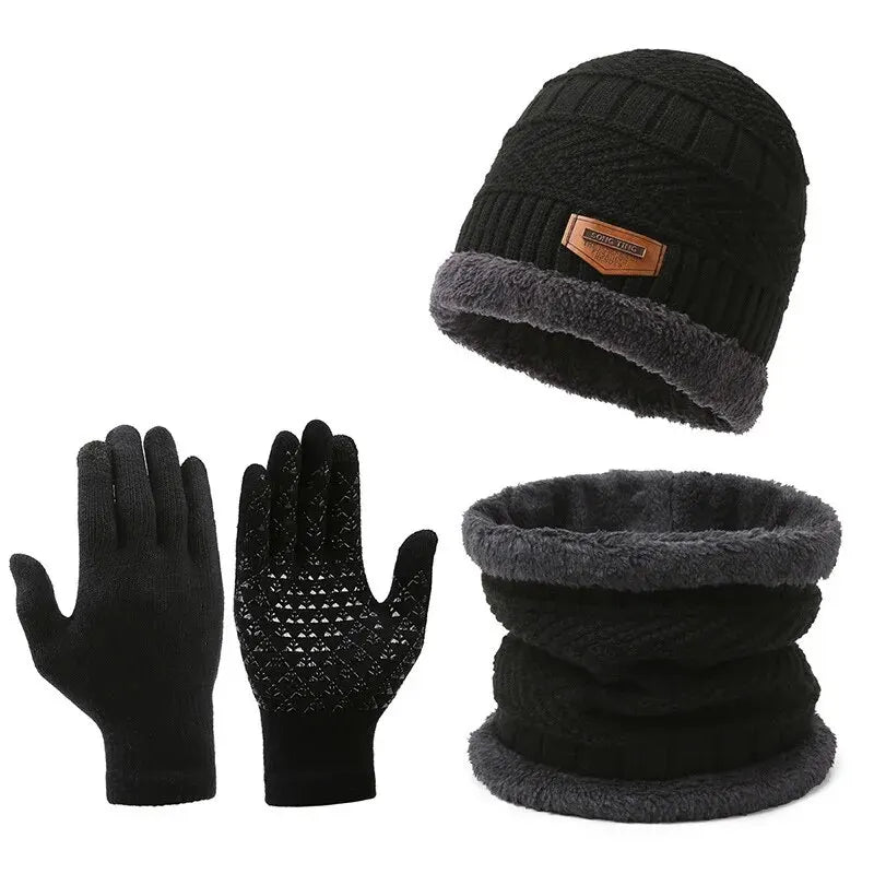 DAVI Men's windproof hat, outdoor winter scarf, gloves, three-piece neckline, one plus cashmere insulated knit hat