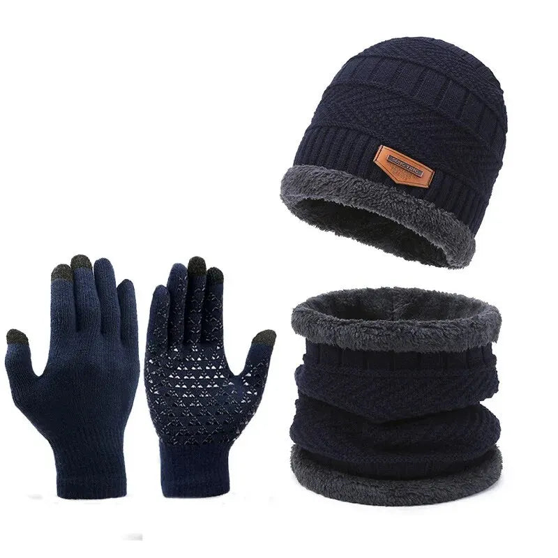 DAVI Men's windproof hat, outdoor winter scarf, gloves, three-piece neckline, one plus cashmere insulated knit hat